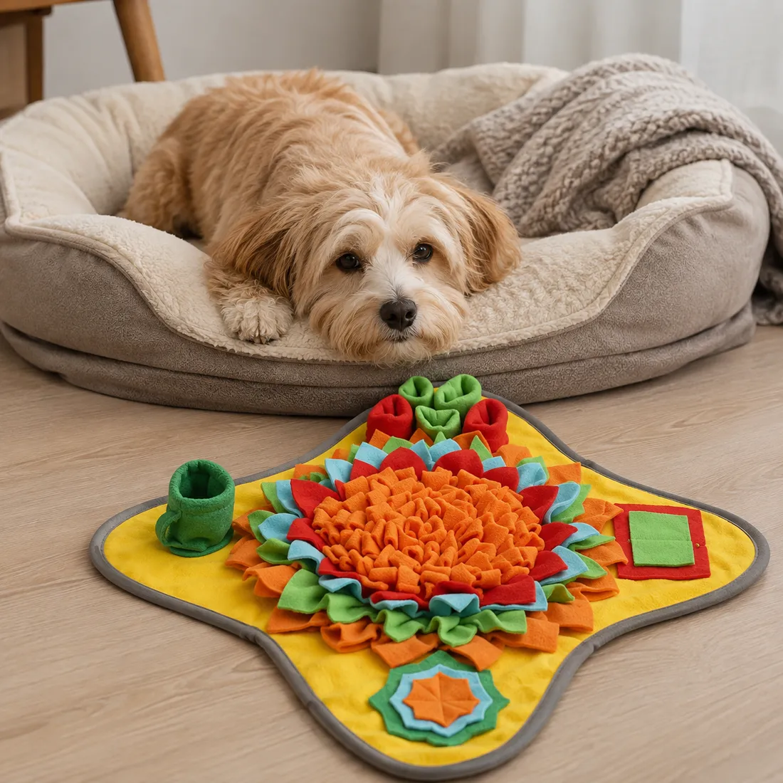 A shaggy sandy-colored dog resting in a plush bed, watching the Sunny snuffle mat laid flat on the floor in front of it